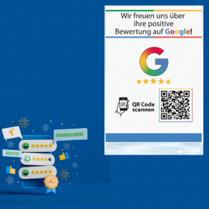 Google Bewertung Schild mit QR-Code auf Restaurant-Tisch